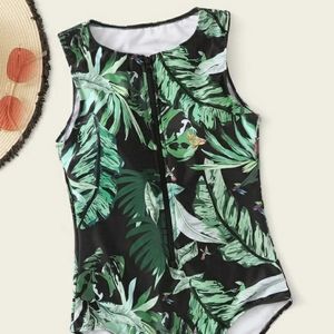 Tropical zip-up one piece swimsuit